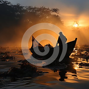 Fishermen looking for fish in the sea with a silhouette background in the afternoon