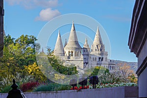 Fishermen\'s bastion in Budapest Hungary with blue sky and tourist people