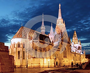 Fishermen's bastion and Mathias church at night in Budapest photo
