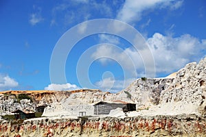 Fishermen`s huts housed on the cliff of Morro Branco, state of CearÃ¡, Brazil.