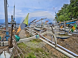 The Fishermen\'s rocking boats are colorfully painted, Ped, Nusa Penida, Indonesia