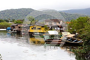 Fishermen`s Stilts at Pereque Beach, Guaruja, Brazil photo