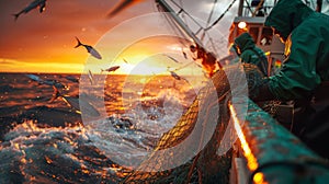 Fishermen at sea during sunrise, hauling in the day& x27;s first catch