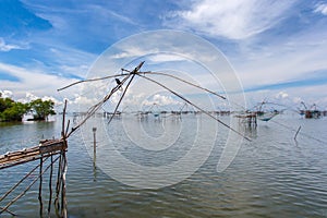 Fishermen thai style fishing trap in Pak Pra Village, Net Fishing Thailand, Thailand Shrimp Fishing, Phatthalung, Thailand