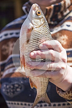 A fisherwoman proudly shows a newly caught fish in her hands