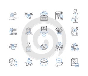 Fishery business line icons collection. Aquaculture, Harvesting, Processing, Sustainability, Fishermen, Nets, Trawling