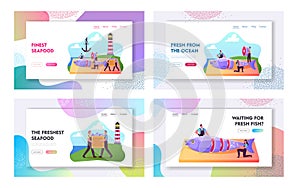 Fishery Industry Landing Page Template Set. Tiny Fishers Cutting Fresh Fish on Coastline with Lighthouse and Anchor