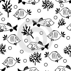 Fishes and algae cartoon monochrome, vector illustration. Seamless pattern