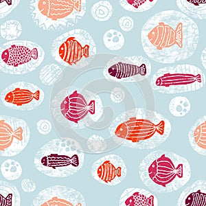 Fishes in bubbles pink orange white blue seamless pattern