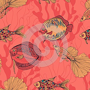 Fishes and corals pattern hand drawn illustration