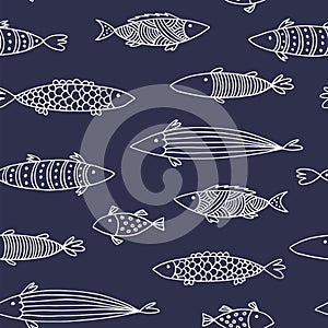 Fishes doodle vector pattern