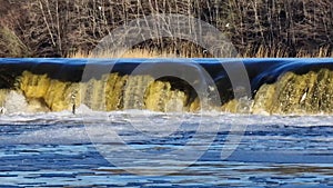 Fishes go for spawning upstream. Vimba jumps over waterfall on the Venta River. Kuldiga, Latvia