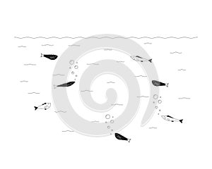 Fishes school swimming underwater black and white cartoon flat illustration