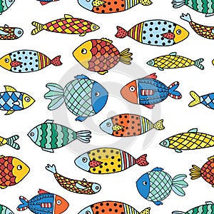 Fishes seamless vector pattern. Colorful ocean animal background for kids.