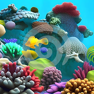 Fishes swim on a coral reef under the deep sea. Octopus illustration under the ocean with corals.