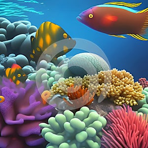 Fishes swims on a coral reef under the deep sea.