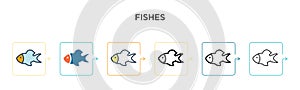 Fishes vector icon in 6 different modern styles. Black, two colored fishes icons designed in filled, outline, line and stroke