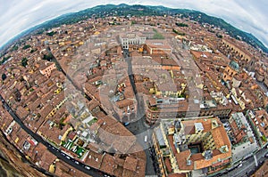 Fisheye cityscape view from two towers, Bologna, Italy