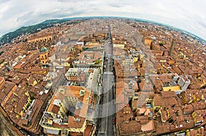 Fisheye cityscape view from two towers, Bologna, Italy