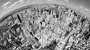 Fisheye lens black and white picture of New York cityscape, USA