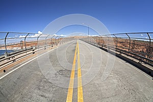 Fisheye lens photo of a lanes on a bridge, USA.