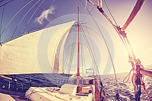 Fisheye lens picture of an old sailing ship at sunset