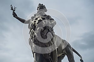 Fisheye on lion and Peace statue, Victoria Memorial, London, England, UK