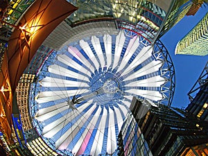 Fisheye Nighttime View of Sony Center in Berlin, Germany 