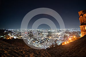 Fisheye shot of jodhpur city lights at night showing the cityscape from the roof of mehrangarh fort