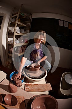 Fisheye shot of potter shaping clay