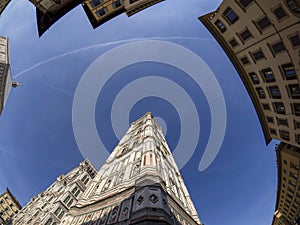 fisheye unusual view Cathedral Santa Maria dei Fiori, Brunelleschi Dome and Giotto Tower in Florence Italy