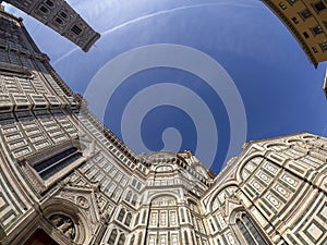 fisheye unusual view Cathedral Santa Maria dei Fiori, Brunelleschi Dome and Giotto Tower in Florence Italy