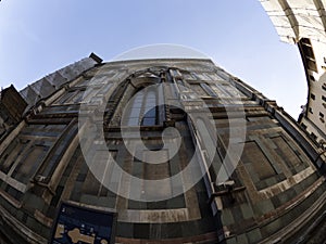 fisheye unusual view Cathedral Santa Maria dei Fiori, Brunelleschi Dome and Giotto Tower in Florence Italy