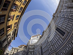 fisheye unusual view Cathedral Santa Maria dei Fiori, Brunelleschi Dome and Giotto Tower in Florence Italy