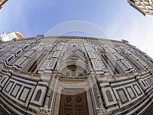 fisheye unusual view Cathedral Santa Maria dei Fiori, Brunelleschi Dome and Giotto Tower in Florence Italy