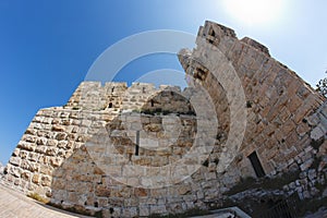 Fisheye view of an ancient citadel in Jerusalem