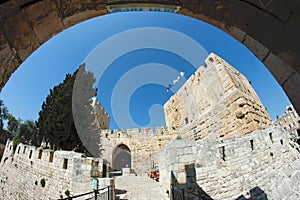 Fisheye view of an ancient citadel in Jerusalem