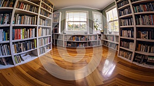 Fisheye view of an enchanting home library sanctuary