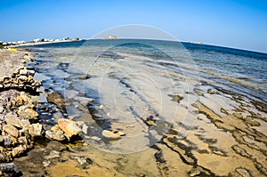 Fisheye view of a greek island with geological features at the