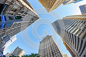 fisheye view of historic skyscraper in old town od Dallas under blue sky