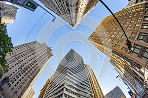 fisheye view of historic skyscraper in old town od Dallas under blue sky