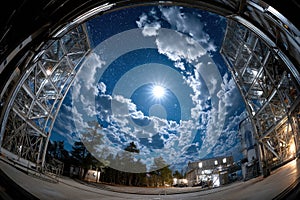 Fisheye view of industrial site under moonlit cloudy sky