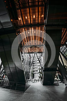 Fisheye view of Lloyds and The Leadenhall Buildings, financial district, City of London