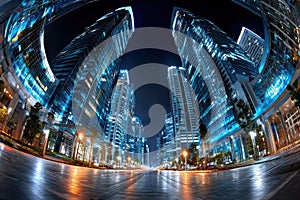 Fisheye view of modern skyscrapers at night