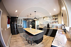 Fisheye view of a newley renovated residential kitchen