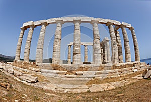 Fisheye view of ruins of the Temple of Poseidon at Cape Sounion near Athens, Greece. c 440 BC