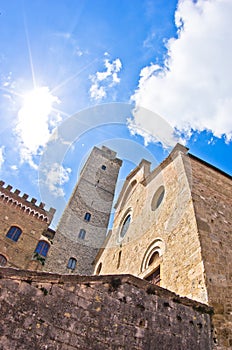 Fisheye view of San Gimignano towers and buidings on central square, Tuscany