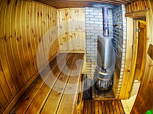 Fisheye view of a sauna - finnish hot treatment room