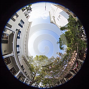 Fisheye view of small town business district photo