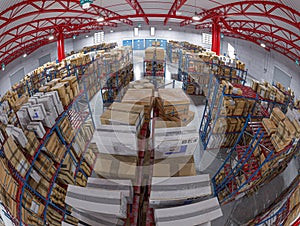 Fisheye wide angle view of a warehouse interior